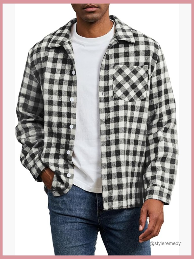 Men's Flannel Plaid Button Down Shirt Jacket Shacket With Pockets